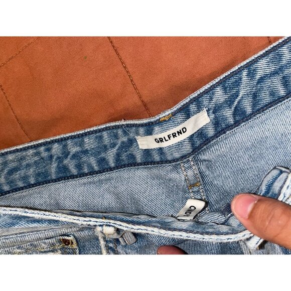 Grlfrnd Blue High-Waisted Distressed Denim Frayed Hems & Button Fly Women's Shor - Picture 4 of 10